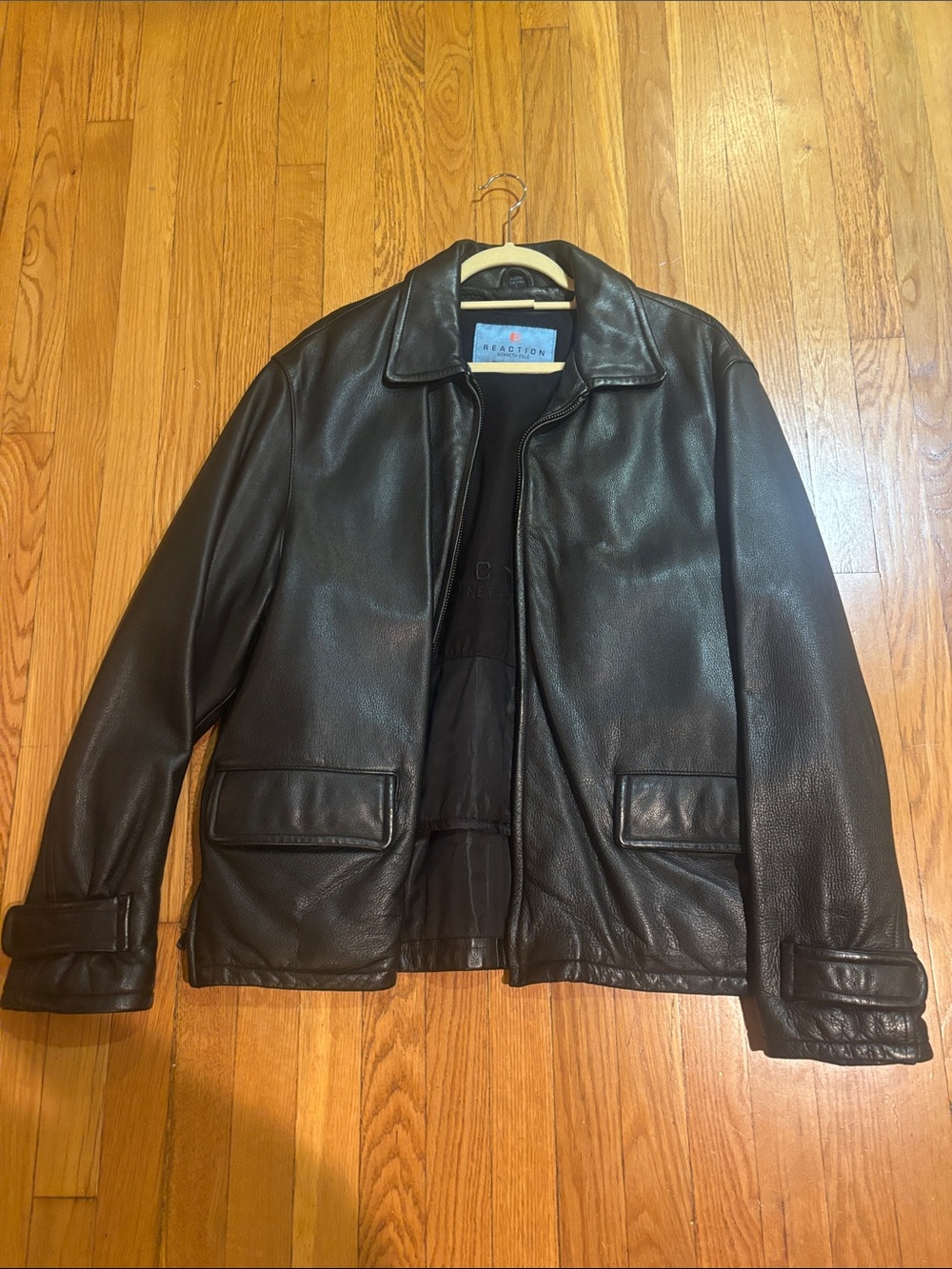 Kenneth Cole Reaction Black Leather Bomber Jacket